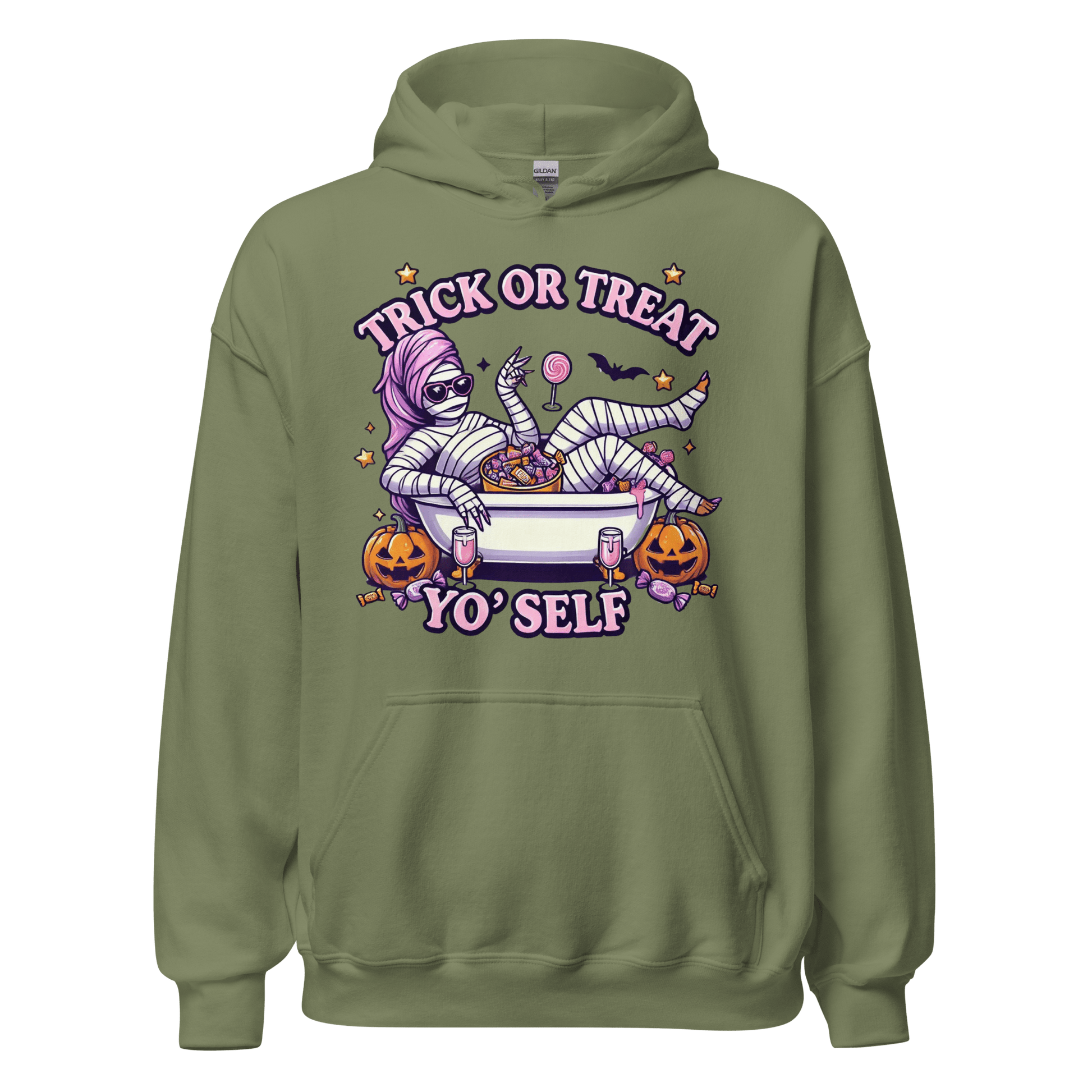 Unisex Halloween Printed Hoodie – "Trick or Treat Yo'Self" – Fun Halloween Hoodie - Occasion Nation Studio