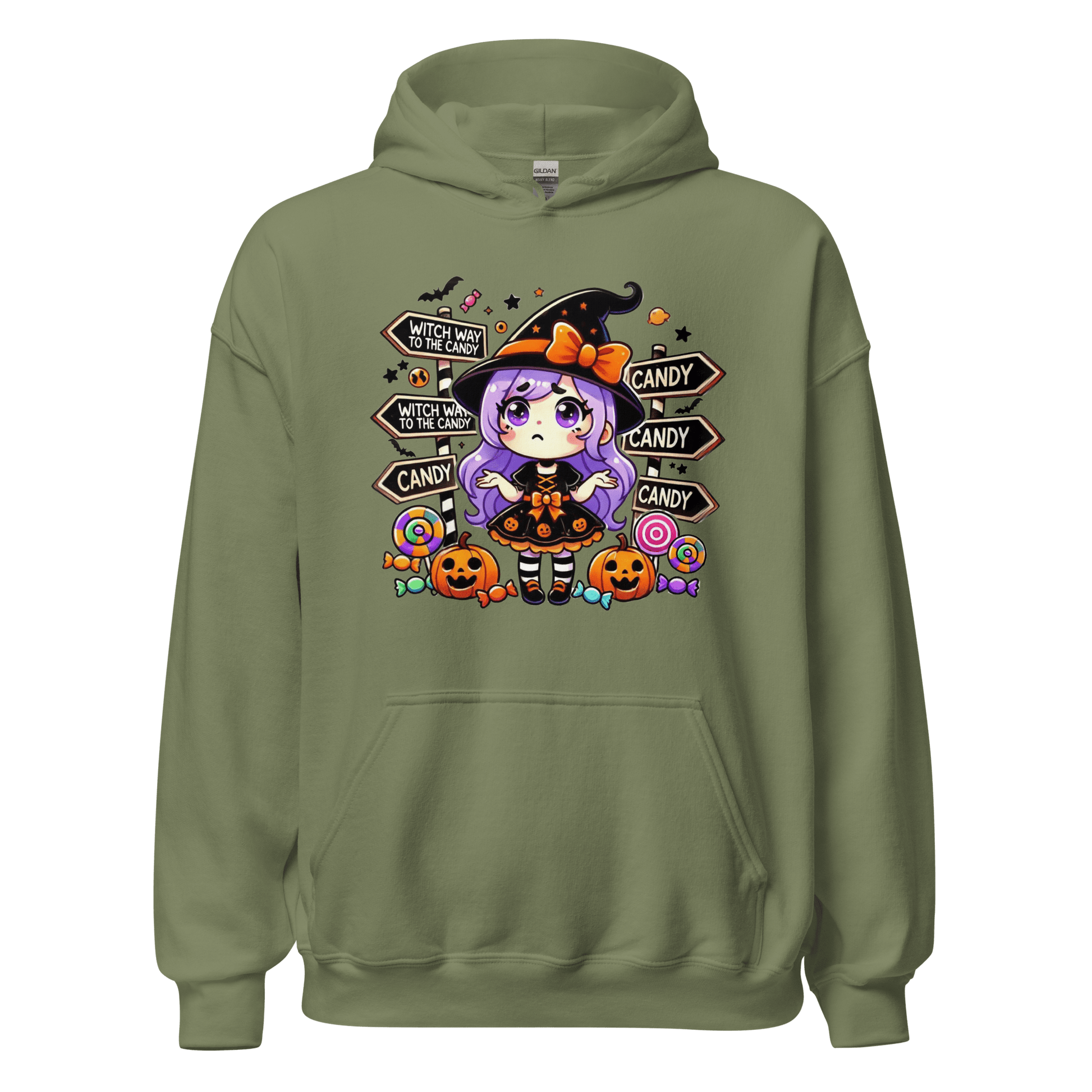 Unisex Halloween Printed Hoodie – "Witch Way To The Candy?" – Fun Witch Halloween Hoodie - Occasion Nation Studio