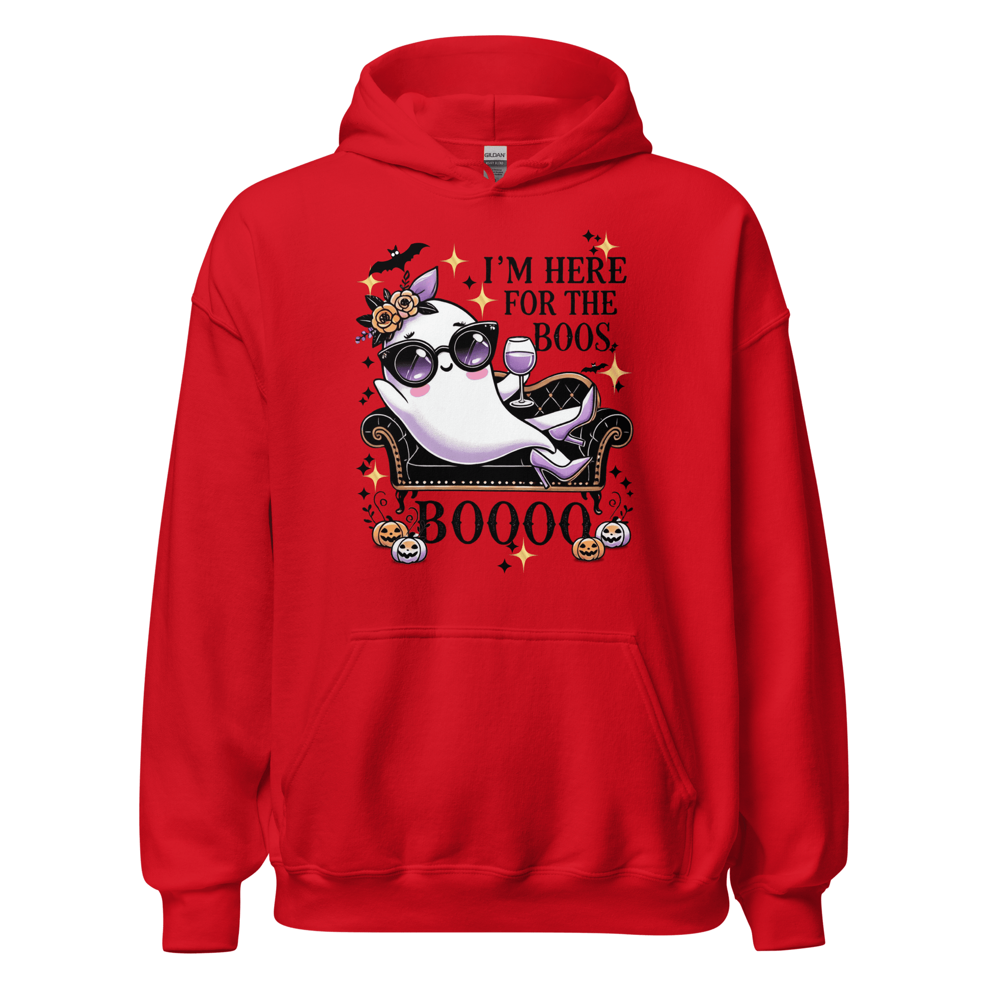 Unisex Halloween Printed Hoodie – "I'm Here For The Boos" – Fun Ghost Halloween Hoodie - Occasion Nation Studio