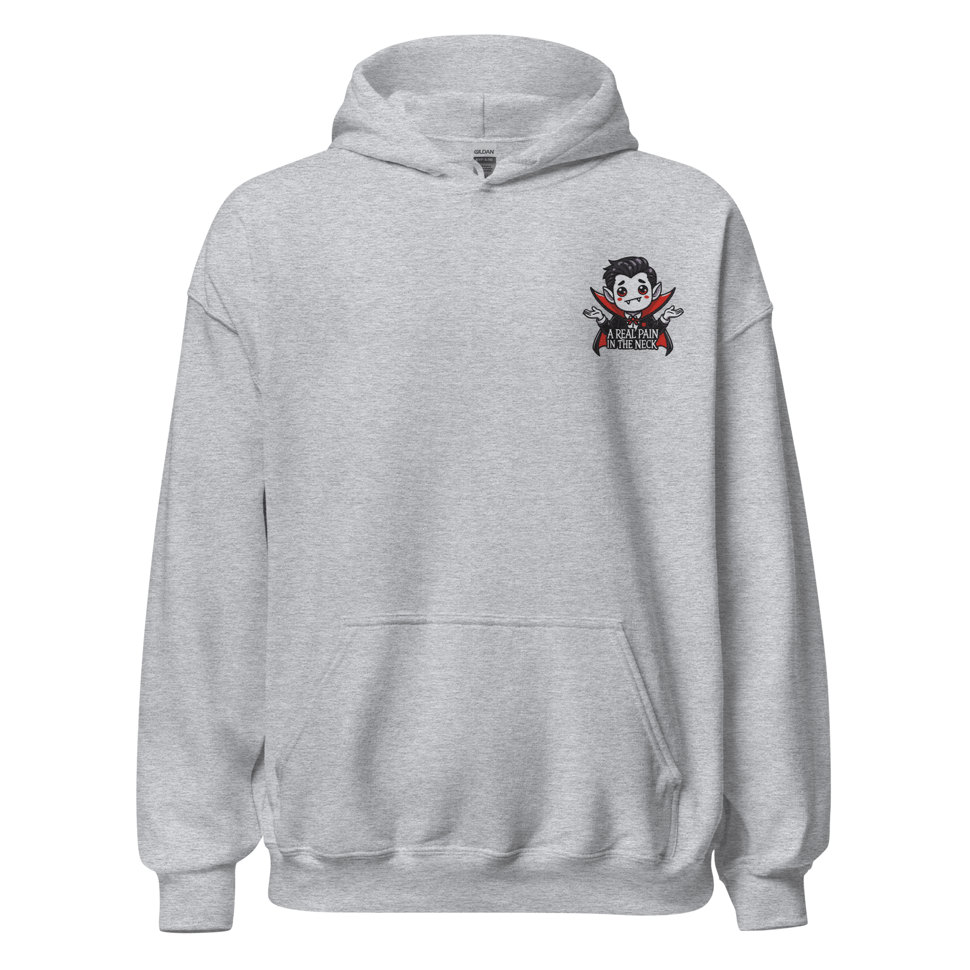 Unisex Halloween Embroidered Hoodie – "A Real Pain In The Neck" – Vampire Halloween Hoodie - Occasion Nation Studio