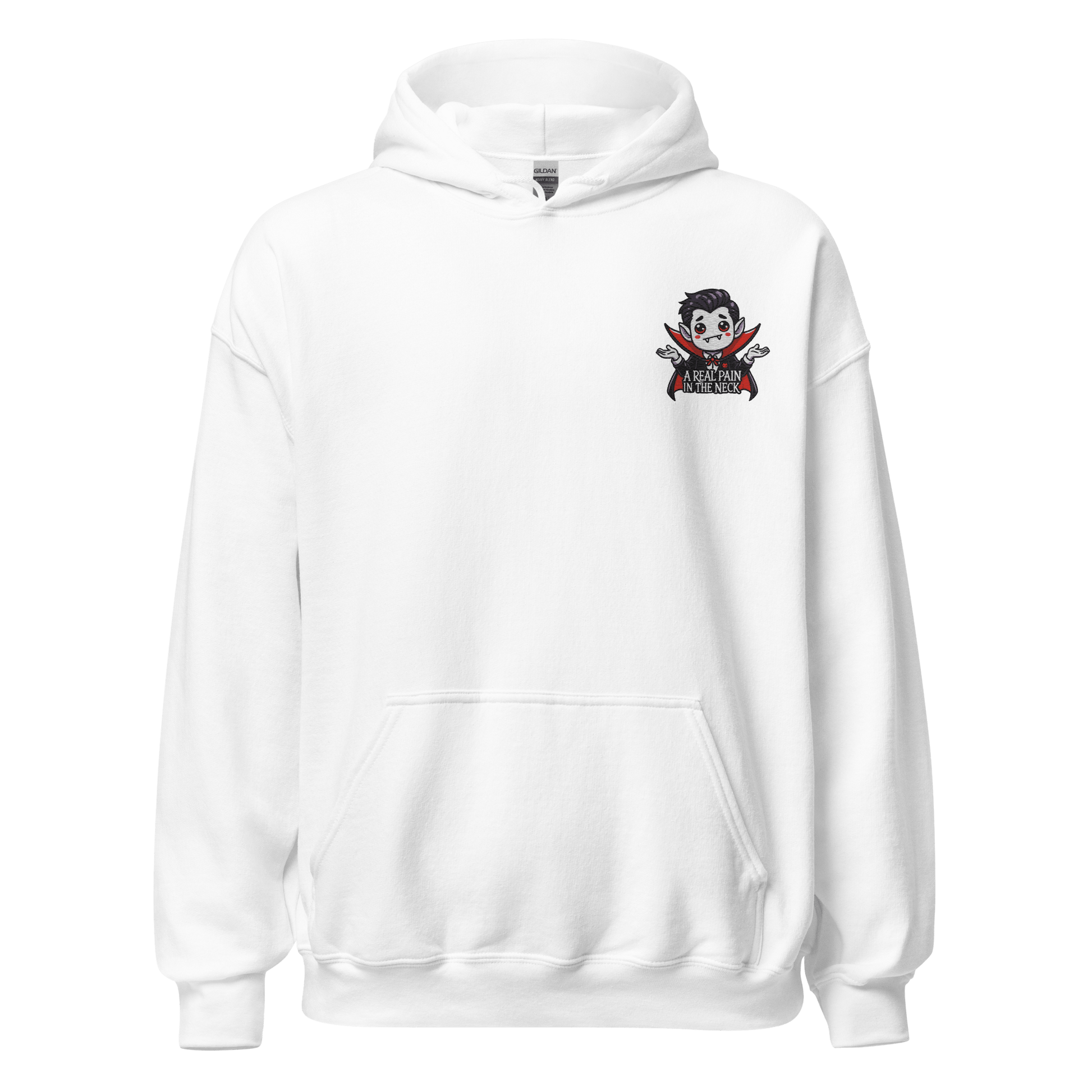 Unisex Halloween Embroidered Hoodie – "A Real Pain In The Neck" – Vampire Halloween Hoodie - Occasion Nation Studio