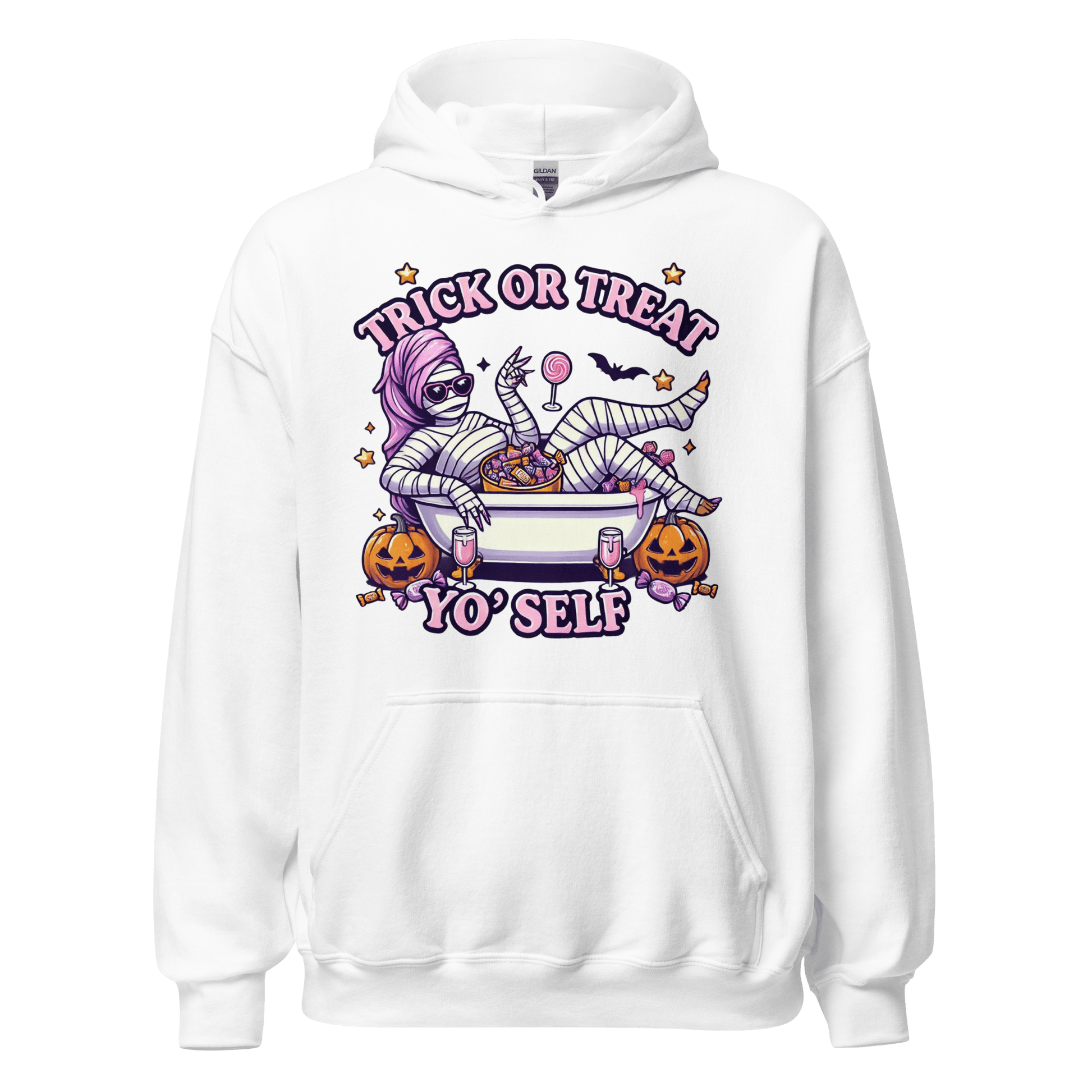 Unisex Halloween Printed Hoodie – "Trick or Treat Yo'Self" – Fun Halloween Hoodie - Occasion Nation Studio