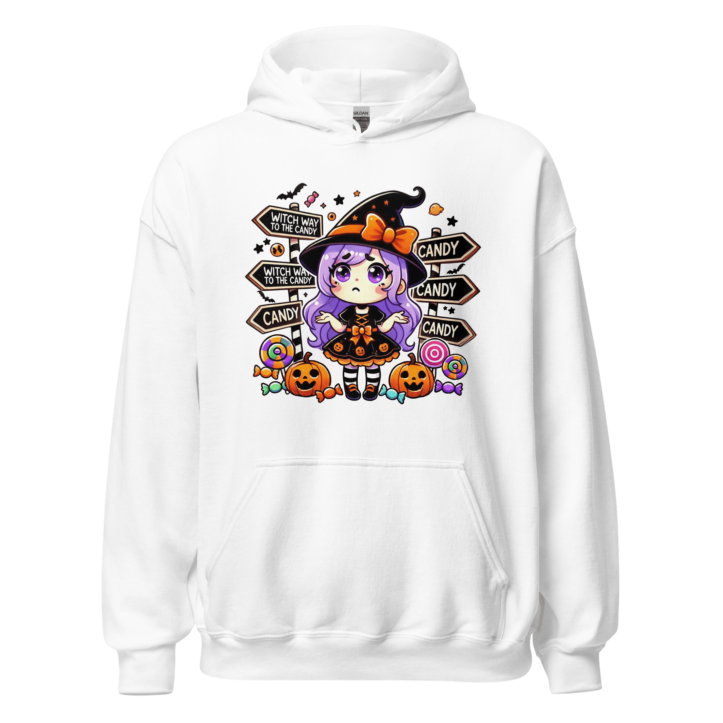 Unisex Halloween Printed Hoodie – "Witch Way To The Candy?" – Fun Witch Halloween Hoodie - Occasion Nation Studio