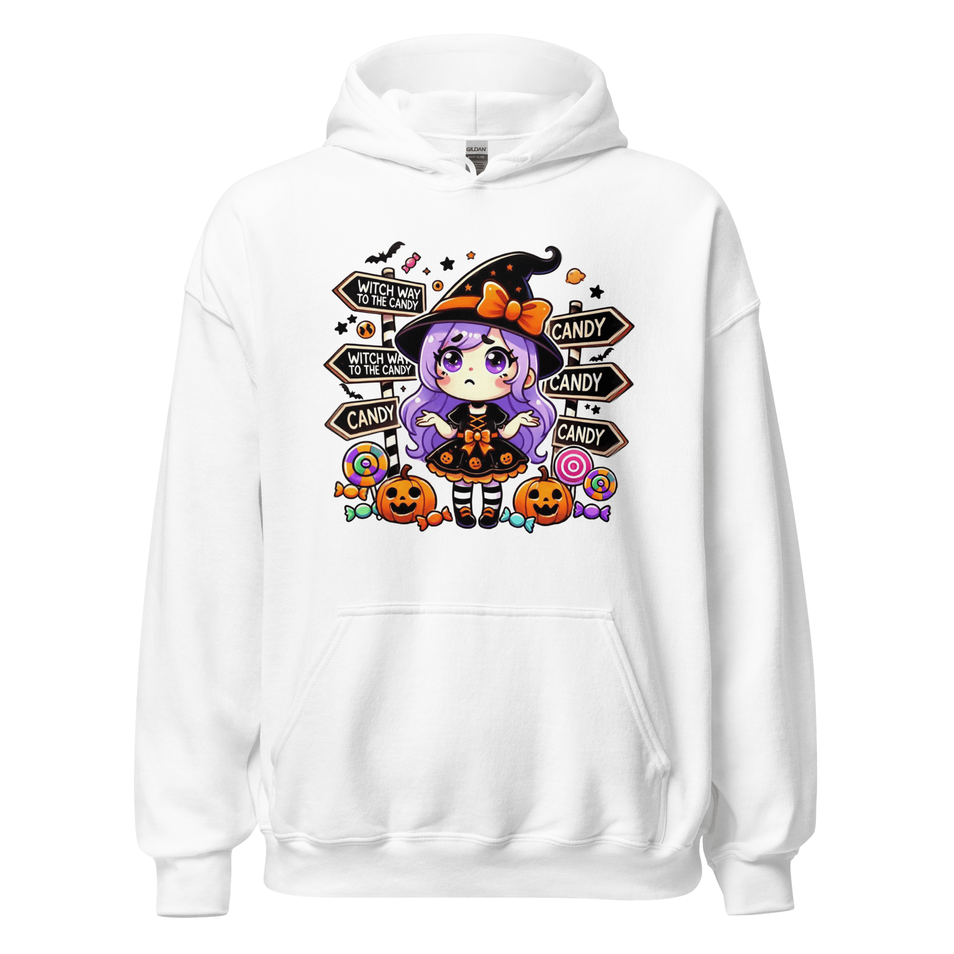 Unisex Halloween Printed Hoodie – "Witch Way To The Candy?" – Fun Witch Halloween Hoodie - Occasion Nation Studio