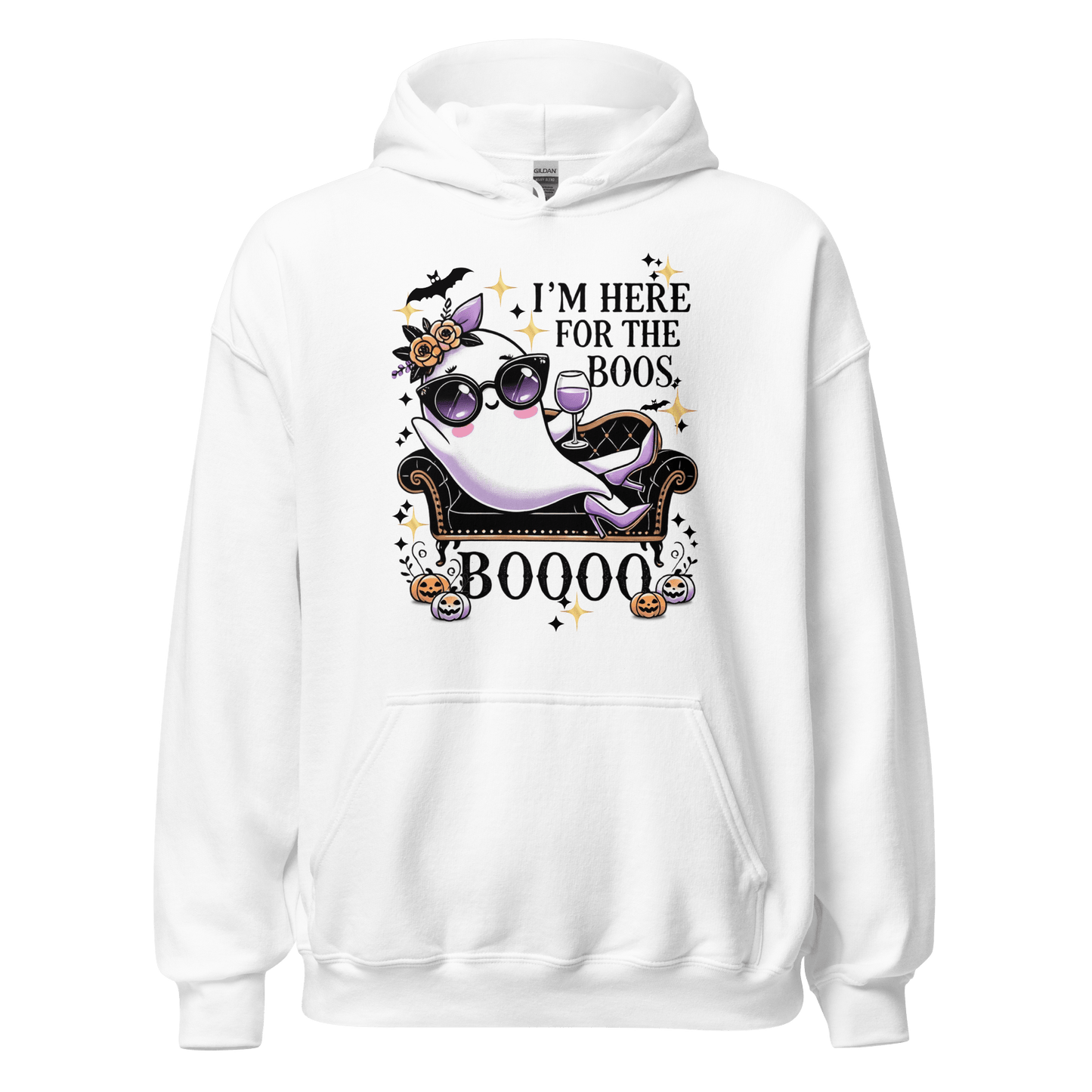 Unisex Halloween Printed Hoodie – "I'm Here For The Boos" – Fun Ghost Halloween Hoodie - Occasion Nation Studio